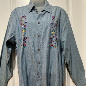 Vintage Lizwear 90’s Denim Button Down with Floral Embroidering, Size M